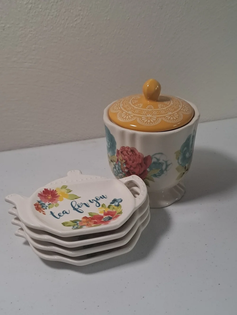 Wildflower Whimsy Stoneware Sugar Jar with 4 Tea Coasters